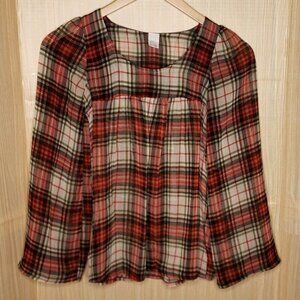 Camaieu Womens Red Plaid Sheer Blouse
